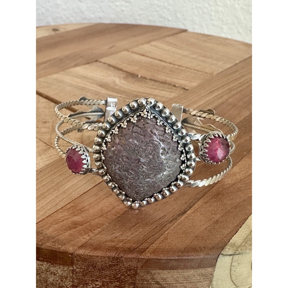 Artisan Cuff‎ Bracelet 6.75 Adjust Pink Purple Gembone Sapphire Sterling 27.8g